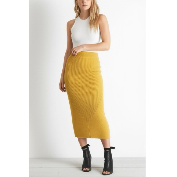Sweet Baby Jamie Designer Skirt Yellow Knit Midi Pencil High Rise Sz M MSRP $220 - Picture 1 of 12
